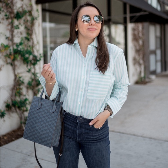 AYR / The Deep End Button Down Long Sleeve Shirt Green And White - Picture 2 of 6
